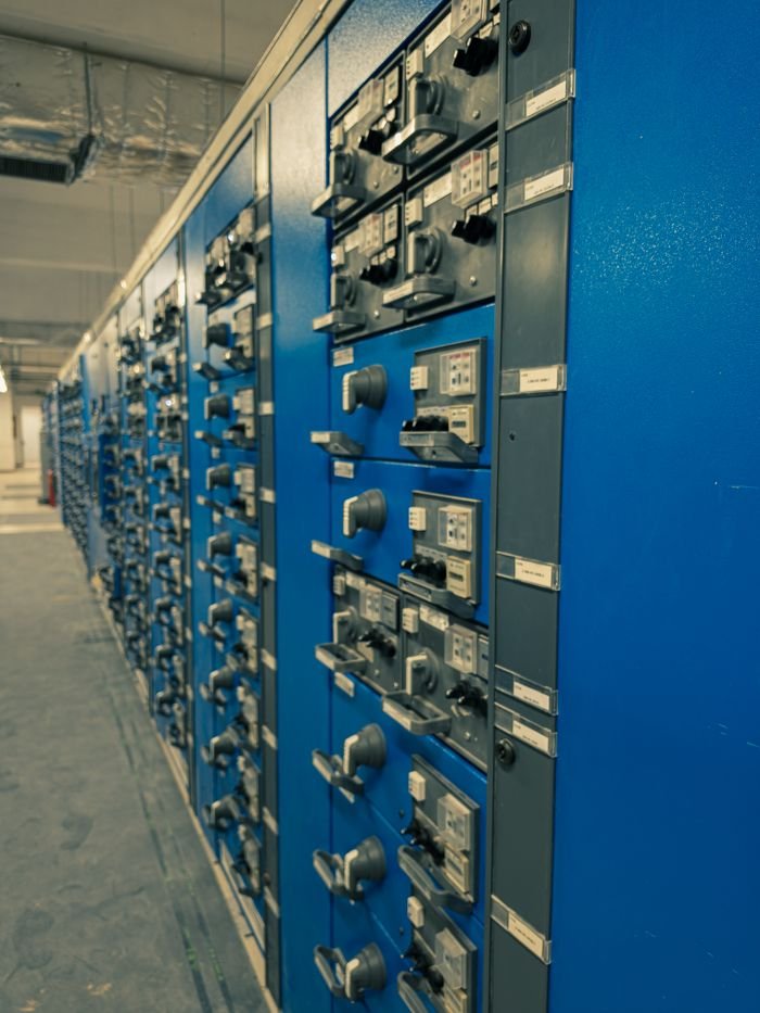 Close-up of blue industrial electrical control panels in a factory setting.